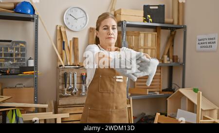 Reife Frau in Schürze, die Handschuhe in einem Holzbearbeitungsstudio ausdehnt, zeigt Sicherheit und Geschick. Stockfoto