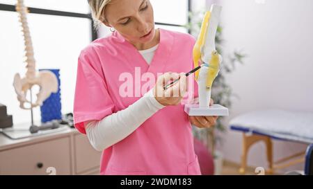 Kaukasische Frau in rosa Peelings studiert ein Kniegelenkmodell in einer gut beleuchteten medizinischen Klinik. Stockfoto