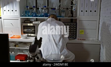 Rückansicht einer Wissenschaftlerin in einem Laborkittel, die Forschung im Laborumfeld untersucht. Stockfoto