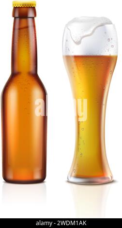 Symbol für realistischen Vektor. Braune transparente Bierflasche mit Bierkrug mit Schaum. Isoliert auf weißem Hintergrund. Stock Vektor