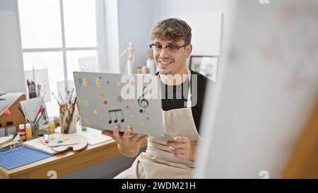 Ein enthusiastischer junger hispanischer Künstler, der während eines ansprechenden Videogesprächs auf einem Laptop in seinem dynamischen Kunststudio die Daumen nach oben drückt Stockfoto