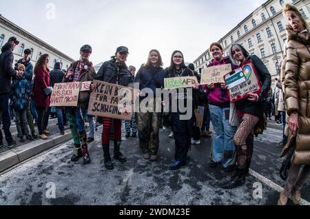 21. Januar 2024: Zusammen mit über 100.000 Menschen in Städten in ganz Deutschland protestierten knapp 300.000 empörte Münchner gegen die AfD-Partei und ihren von der Identitaere Bewegung entwickelten Plan zur „Rückwanderung“ zur Massenabschiebung von Ausländern und sogar Einbürgern. Die in Österreich ansässige radikal-rechte Identitaere Bewegung ist in den letzten Jahren parallel zum Aufstieg der AfD auf Platz zwei in den Umfragen wieder aufgewachsen, was viele dazu führte, dass die sogenannte "Firewall" zwischen Demokratie und Faschismus in Deutschland niederbricht. Der Remigrationsplan ist nichts Neues als die ID Stockfoto