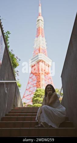 Wunderschöne hispanische Frau in Brille auf Treppen, ein Porträt der städtischen Moderne an tokios berühmtem Turmspot Stockfoto