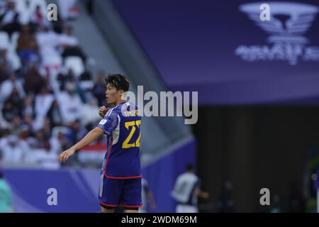 Qatar, Al Rayyyan 19. Januar 2024: Takehiro Tomiyasu aus Japan während des Spiels zwischen dem Irak und Japan beim Gruppenspiel des AFC Asia Cup in Education Stockfoto