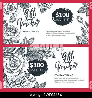 Geschenkkarte, Gutschein, Zertifikat oder Gutschein-Vektor-Designvorlage. Rabatt-Banner-Layout mit Rosenblumen. Handgezeichnete Zeichnung mit Blumenmuster Stock Vektor