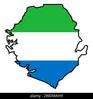 Schwarze Umrisskarte des afrikanischen Landes Sierra Leone mit Beginn der Nationalflagge und isoliert auf weißem Hintergrund Stockfoto