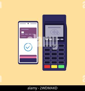 POS-Terminal, das eine Zahlung per digitalem Geldbeutel auf dem Smartphone akzeptiert Stock Vektor