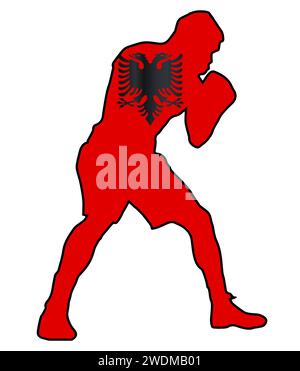 Silhouette eines schweren Boxers im Umriss über der Nationalflagge Albaniens Stockfoto