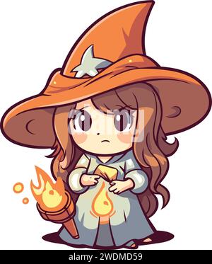 Niedliches Cartoon-Hexenmädchen, das eine brennende Kerze hält. Vektorabbildung. Stock Vektor