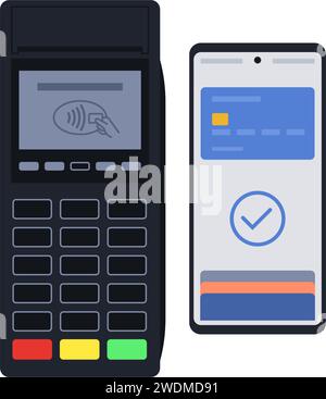 POS-Terminal, das eine Zahlung per digitalem Geldbeutel auf dem Smartphone akzeptiert Stock Vektor