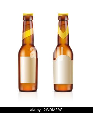 Symbol für realistischen Vektor. Set aus braunen, transparenten Bierflaschen mit leerem Etikett. Isoliert auf weißem Hintergrund. Stock Vektor