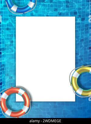 Hintergrundvorlage für den Sommer. Realistische Vektordarstellung. Swimmingpool mit farbenfrohem Lebensretter. Und Papier mit Kopierbereich. Stock Vektor