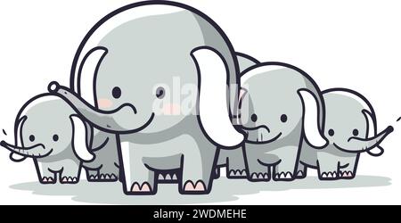 Niedliche Elefantenfamilie mit zwei Elefantenbabys auf weißem Hintergrund. Vektorabbildung. Stock Vektor