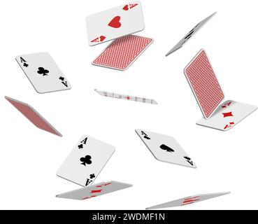 Symbol für realistischen Vektor. Fliegende Spielkarten von Assen von Diamanten, Schlägern Pik und Herzen auf weißem Hintergrund, fallen auf den Tisch. Stock Vektor