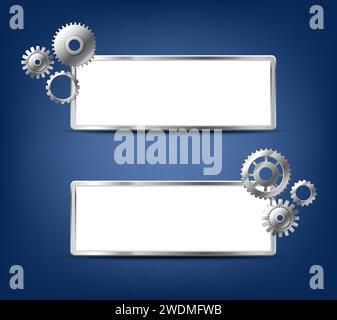Infografik, Teamarbeit, realistische Vektorsymbole. Metallzahnräder auf technischem Hintergrund mit Kopierraum. Stock Vektor