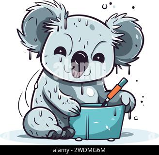 Süßer Koala mit Bleistift und Eimer. Vektorillustration im Cartoon-Stil. Stock Vektor