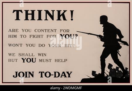 Rekrutierungsplakat aus dem 1. Weltkrieg von H Oakley 'Think! Bist du damit zufrieden, dass er für DICH kämpft?" Vintage 1914 UK Parliamentary Recruiting Committee Poster Nr. 38 gedruckt von Chorley & Pickersgill erster Weltkrieg der erste Weltkrieg der erste Weltkrieg Stockfoto