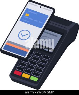 POS-Terminal, das eine Zahlung per digitalem Geldbeutel auf dem Smartphone akzeptiert Stock Vektor