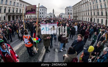 München, Deutschland. Januar 2024. Zusammen mit über 100.000 Menschen in Städten in ganz Deutschland protestierten fast 300.000 empörte Einwohner gegen die AfD und deren Identitaere Bewegung-entwickelten Plan zur "Rückwanderung" - die Massendeportation von Ausländern und sogar Einbürgern deutscher Bürger. Die in Österreich ansässige radikal-rechte Identitaere Bewegung ist in den letzten Jahren parallel zum Aufstieg der AfD auf Platz zwei in den Umfragen wieder aufgewachsen, was viele dazu führte, dass die sogenannte "Firewall" zwischen Demokratie und Faschismus in Deutschland niederbricht. (Bild: © Sachelle Babbar/ZUMA Press Wire) E Stockfoto