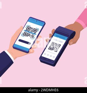 QR-Code-Zahlung: Händler mit einem POS-Gerät und Kunde scannt den QR-Code Stock Vektor