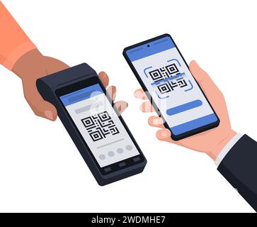 QR-Code-Zahlung: Händler mit einem POS-Gerät und Kunde scannt den QR-Code Stock Vektor