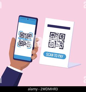 Der Kunde scannt einen QR-Code mit seinem Smartphone und leistet eine Zahlung in einem Geschäft Stock Vektor