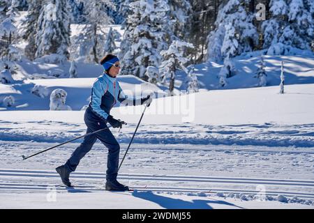 Schöne und aktive Seniorensilanglauf im Hochhaedrich-Gebiet des Bregenzer Waldes in Vorarlberg, Österreich Stockfoto