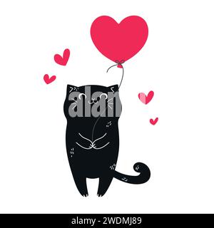 Niedliche handgezeichnete schwarze Katze mit einem Herzballon. Grußkarte zum Valentinstag. Vektorabbildung Stock Vektor