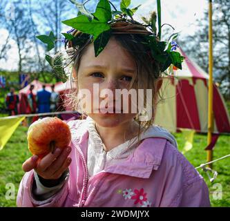 Niedliches kleines Mädchen auf einem mittelalterlichen Festival in Shropshire, England. Einen frischen Apfel mit Blättern im Haar. Stockfoto