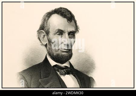 Abraham Lincoln Vintage Etch B&W Portrait 12. Februar 1809 – 15. April 1865) war ein US-amerikanischer Anwalt, Politiker und Staatsmann, der von 1861 bis zu seinem Attentat 1865 als 16. Präsident der Vereinigten Staaten diente. Lincoln führte die Vereinigten Staaten durch den Amerikanischen Bürgerkrieg, verteidigte die Nation als konstitutionelle union, besiegte die aufständische Konföderation, schaffte die Sklaverei ab, erweiterte die Macht der Bundesregierung und modernisierte die US-Wirtschaft. Stockfoto