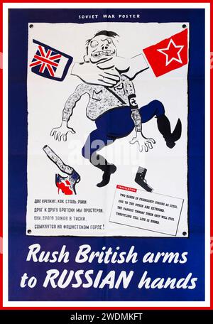 2. Weltkrieg russischer sowjetischer Weltkrieg Poster, „Rush British Arms to Russian hands“, Eine Karikatur Adolf Hitler, die von britischen und sowjetischen Händen gedrosselt wird. Zweisprachiges Poster für russische Propaganda, gedruckt für das Versorgungsministerium 1941 britisch-russische sowjetische Zusammenarbeit im 2. Weltkrieg Stockfoto