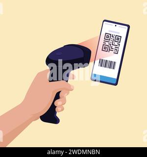 Scanner erkennt und liest einen QR-Code auf dem Smartphone-Bildschirm, QR-Code-Zahlungskonzept Stock Vektor
