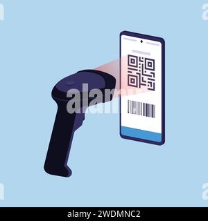 Scanner erkennt und liest einen QR-Code auf dem Smartphone-Bildschirm, QR-Code-Zahlungskonzept Stock Vektor