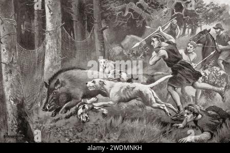 Jagd auf Wildschweine mit Hunden und Speeren im alten Rom. Stockfoto