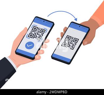 Der Kunde scannt einen QR-Code mit seinem Smartphone, QR-Code-Zahlungskonzept Stock Vektor