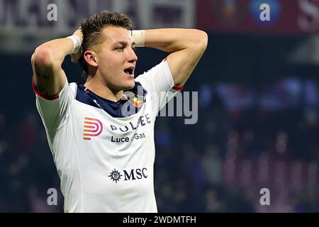 Salerno, Italien. Januar 2024. Mateo Retegui von Genua CFC feiert am 21. Januar 2024 im Arechi Stadion in Salerno (Italien) das Fußballspiel der Serie A zwischen den USA Salernitana und Genua CFC. Quelle: Insidefoto di andrea staccioli/Alamy Live News Stockfoto