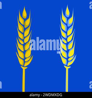 Vektor-Illustration von zwei Weizenohren, von denen eine blau-gelb in der Farbe ist, symbolisiert die Komplexität des ukrainischen Getreideexportes. Stock Vektor