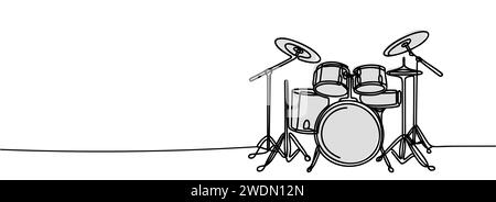 Trommelsatz in einer Zeile. Fortlaufende Linienzeichnung des Trommelsatzes. Stock Vektor