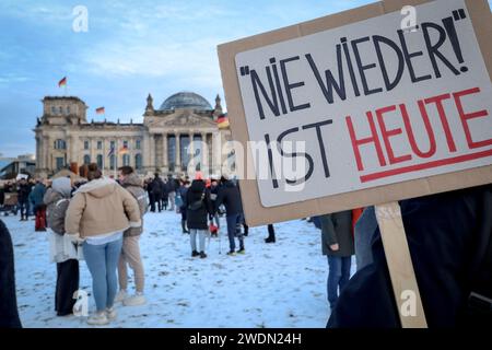 Berlin, Deutschland - 21. Januar 2024: Protestler hält ein Schild mit der Aufschrift "nie wieder ist heute" auf Anti-nazi-Protest. Stockfoto