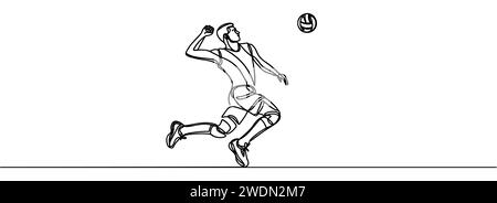 Eine durchgehende Linie zeigt einen jungen professionellen Volleyballspieler, der den Ball auf dem Spielfeld bedient Stock Vektor