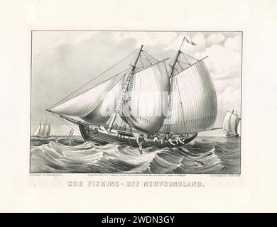 Kabeljaufischerei vor Neufundland. Vintage-Druck veröffentlicht von Currier und Ives. 19. Jahrhundert Stockfoto