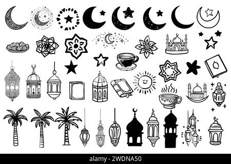 Ramadan und Eid Al-Fitr handgezeichnete Vektorillustrationen Set. Symbole für muslimische Feiertage – fanous, Gebetskegeln, Deko, Speisen und Getränke, Gebetsmatte. Stock Vektor