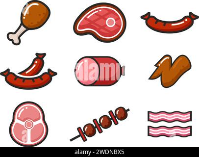 Symbolabbildung. Buntes Fleisch. Hühnchen, Steak, Speck, Wurst, Flügel. Isoliert auf weißem Hintergrund. Stock Vektor