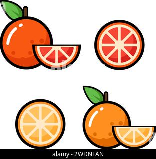 Symbolabbildung. Farbenfrohe Orange und Grapefruit. Isoliert auf weißem Hintergrund. Stock Vektor