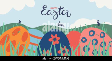 Niedliche Illustration von Ostereiern versteckt zwischen dem Gras im Vordergrund und Kaninchen auf der Wiese im Hintergrund. Handschriftliche Typografie. Ostern Stock Vektor