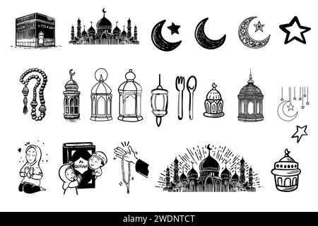 Ramadan und Eid Al-Fitr handgezeichnete Vektorillustrationen Set. Symbole für muslimische Feiertage – fanous, Gebetskegeln, Deko, Speisen und Getränke, Gebetsmatte. Stock Vektor