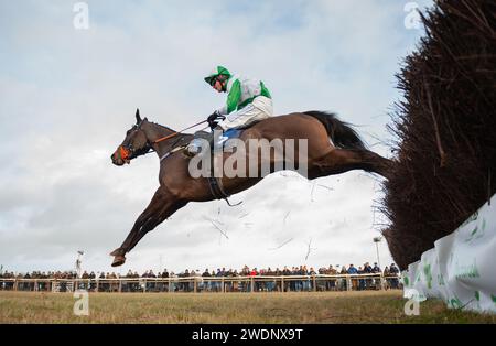 Wagner und Jockey James King gewinnen das Eröffnungsrennen beim Heythrop Hunt P2P in Cocklebarrow, Cotswolds, 21.01.2024. Credit JTW equine Images / Alamy. Stockfoto