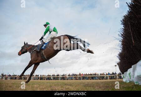 Wagner und Jockey James King gewinnen das Eröffnungsrennen beim Heythrop Hunt P2P in Cocklebarrow, Cotswolds, 21.01.2024. Credit JTW equine Images / Alamy. Stockfoto