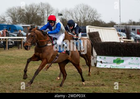 Drei und H. Myddelton gewinnen das 4-, 5- und 6-jährige Maiden Race beim Heythrop Hunt P2P in Cocklebarrow. Credit JTW equine Images / Alamy. Stockfoto