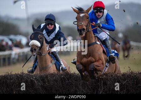 Drei und H. Myddelton gewinnen das 4-, 5- und 6-jährige Maiden Race beim Heythrop Hunt P2P in Cocklebarrow. Credit JTW equine Images / Alamy. Stockfoto